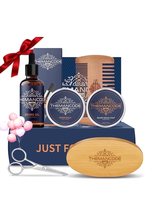 Beard Care Kit, Beard Grooming & Trimming Kit for Men Care, Beard Oil & Balm, Beard Wash Soap, Mustache Scissors, Beard Comb & Brush, Valentine's Day Gift for Him