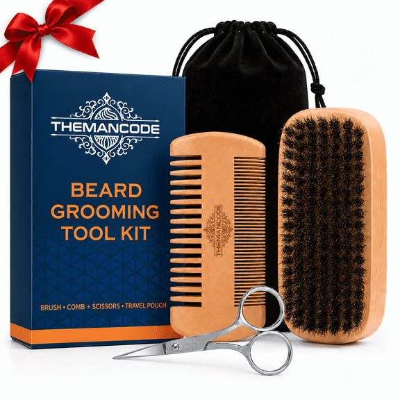 THEMANCODE Beard Care Kit for Men 4-Piece Beard Grooming Set with Beard Brush, Wooden Comb, Beard Scissors & Storage Bag, Christmas Grooming Gift Set