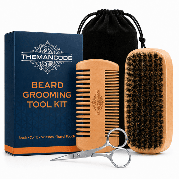 THEMANCODE Beard Care Kit for Men 4-Piece Beard Grooming Set with Beard Brush, Wooden Comb, Beard Trimming Scissors & Storage Bag, Father's Day Gift Set