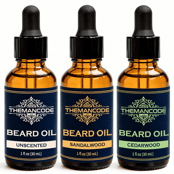 THEMANCODE Beard Oil Set for Men, 3 Pack, Softens and Conditions Beards, Non-Greasy, Unscented, Sandalwood and Cedarwood, Father's Day Gift for Dad, 1 fl oz Each