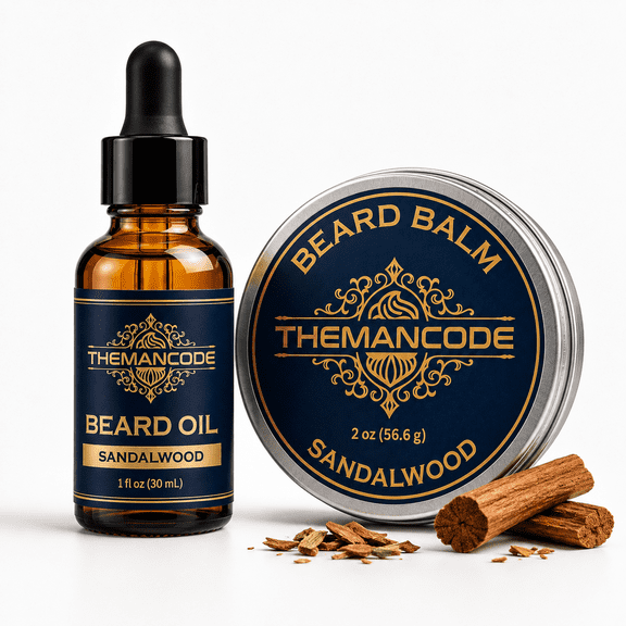 THEMANCODE Beard Oil and Balm Set for Men, Sandalwood Beard Care Kit, 1 fl oz Oil & 2 oz Balm
