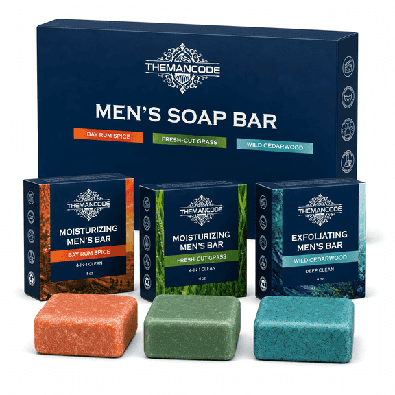 THEMANCODE Bar Soap for Men, Men's Bath Soap Set with Bay Rum Spice, Fresh-Cut Grass & Wild Cedarwood, 3 Bars, 4 oz Each