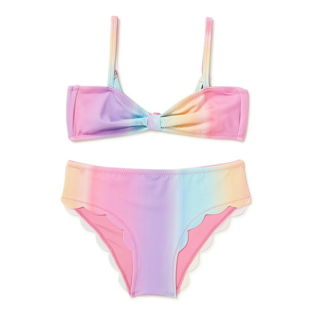 THEME by Ariella Girls Sunset Ombre Scalloped 2 Piece Bikini Swimsuit, Sizes 7-16