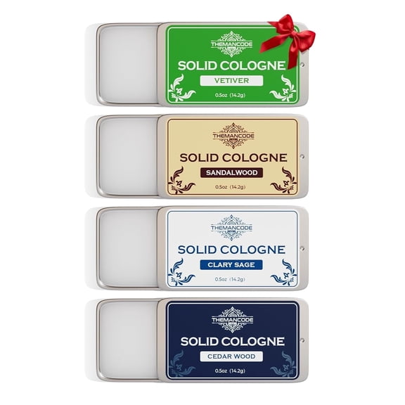 THEMANCODE Solid Cologne for Men, 4 Pack Solid Perfume with Cedarwood, Sandalwood, Clary Sage & Vetiver, Travel-Friendly Mens Cologne Gift Set, Valentines Day Gifts for Him, 2 oz