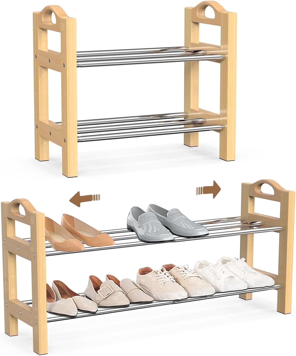 THENNIKIGO Rectangular Shoe Rack Made of Logs Shoe Rack-01 Adult 2-Tier Expandable Freestanding Shoe Rack, Brown, Holds up to 10-Pairs of Shoes