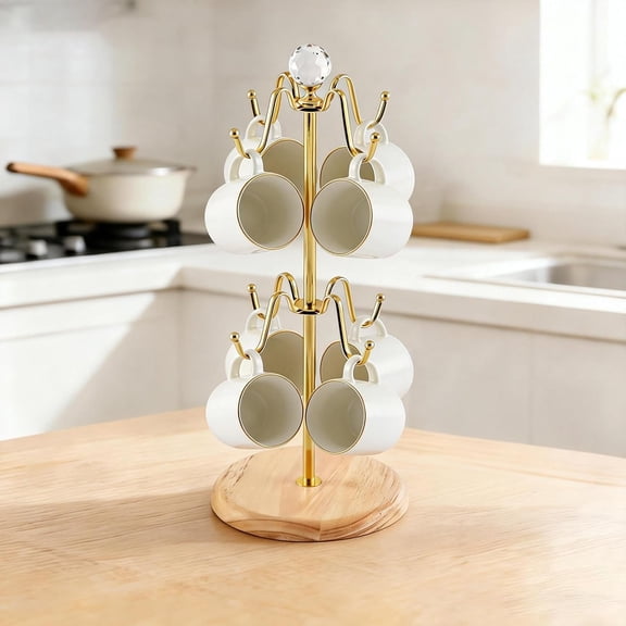 THENNIKIGO Coffee Mug Rack, Glod Iron Wooden Base, 8 Cups Kitchen Counter Cup Storage Stand
