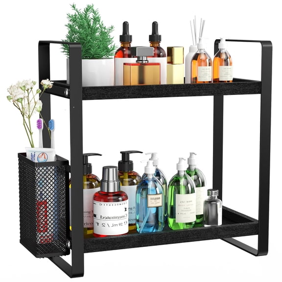NIKIGO Black Wood 2-Tier Countertop Mug Storage Rack
