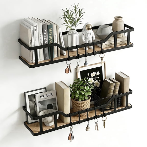 THENNIKIGO Wood Metal Floating Wall Shelves with Guardrail, 2-Piece Wall Mount Decor Storage Display Rack