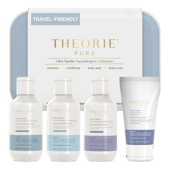 THEORIE Ultra Gentle - Hypoallergenic 4-Piece Travel Set, Shampoo, Conditioner, Body Wash, Body Scrub, Fragrance-Free, for Sensitive Skin, 4 x 90ml