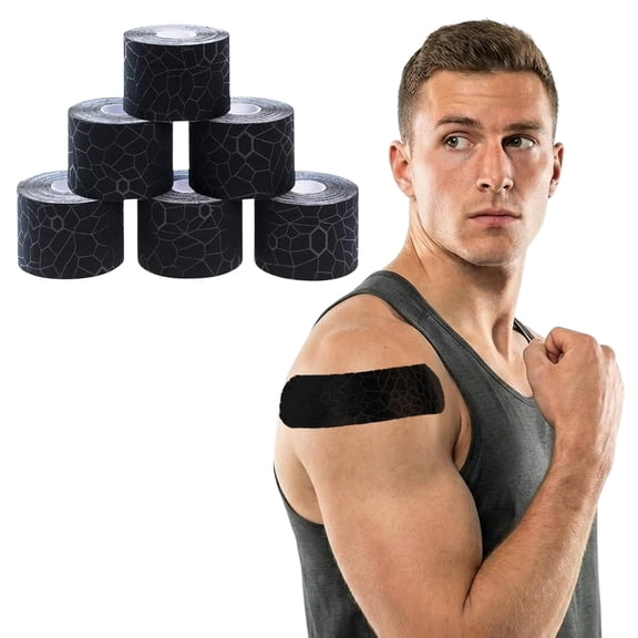 THERABAND Kinesiology Tape, Black/Black, 2'' X 16.4' Roll, 6 Pack with XactStretch Indicators, Long-Lasting Athletic Tape for Shoulder & Knee, Latex-Free Sports Tape, Water Resistant, Cut-to-Length