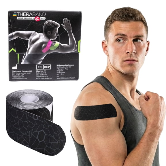 THERABAND Kinesiology Tape, Black/Grey, 1 Roll, with XactStretch Indicators, 2"x 10" Roll, Latex-Free & Water Resistant for Men and Women, Pre-Cut