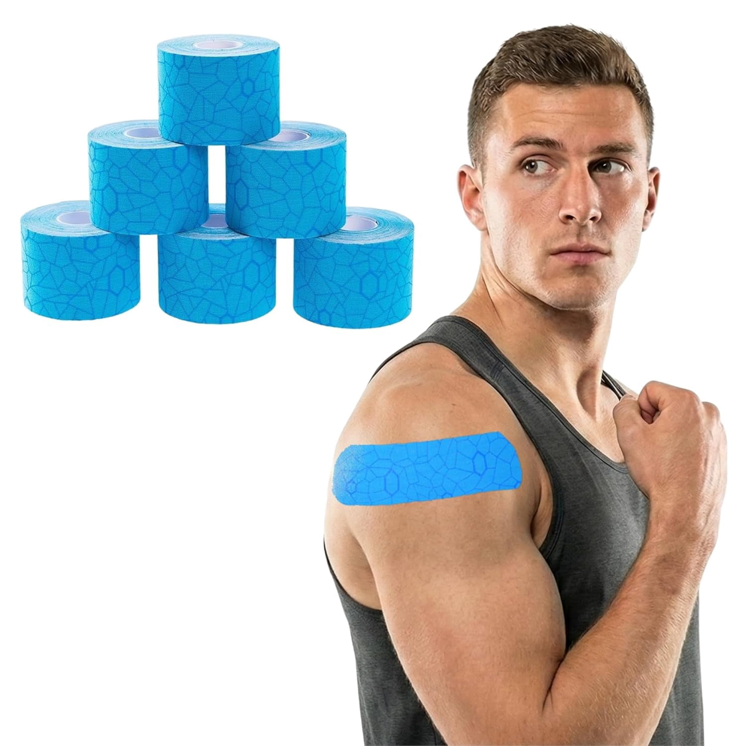 THERABAND Kinesiology Tape,Blue/Blue, 6 Rolls, with XactStretch Indicators, Long-Lasting Athletic Support for Shoulder & Knee, Latex-Free Sports Tape, Water Resistant, Cut-to-Length