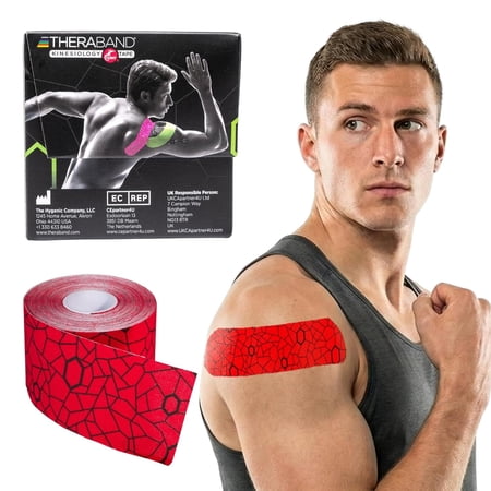 THERABAND Kinesiology Tape with XactStretch Application Indicators, 2 Inch x 16.4 Foot Roll, Hot Red/Black