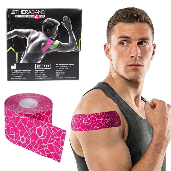 THERABAND Kinesiology Tape, Waterproof Physio Tape for Muscle & Joint Support, Standard Roll with XactStretch Application Indicators, 2 Inch x 16.4 Foot Roll, Pink/White