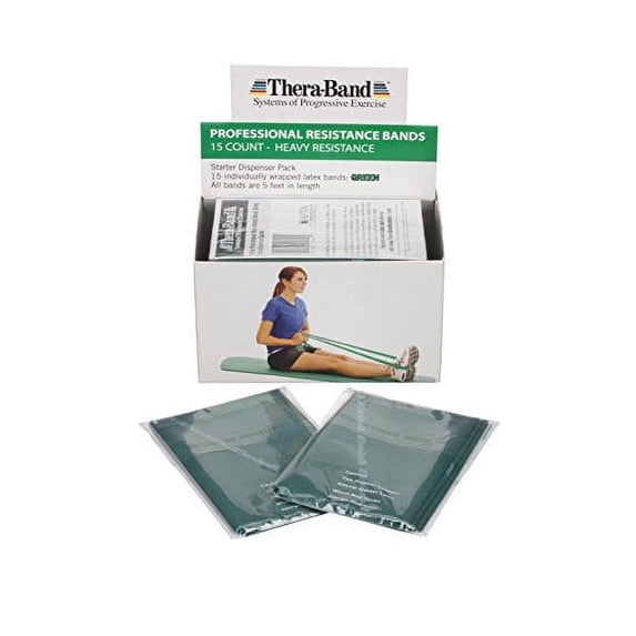 THERABAND Resistance Bands, Level 4, Heavy Green, 4.6 lbs Resistance, 5 Foot, 15 Count