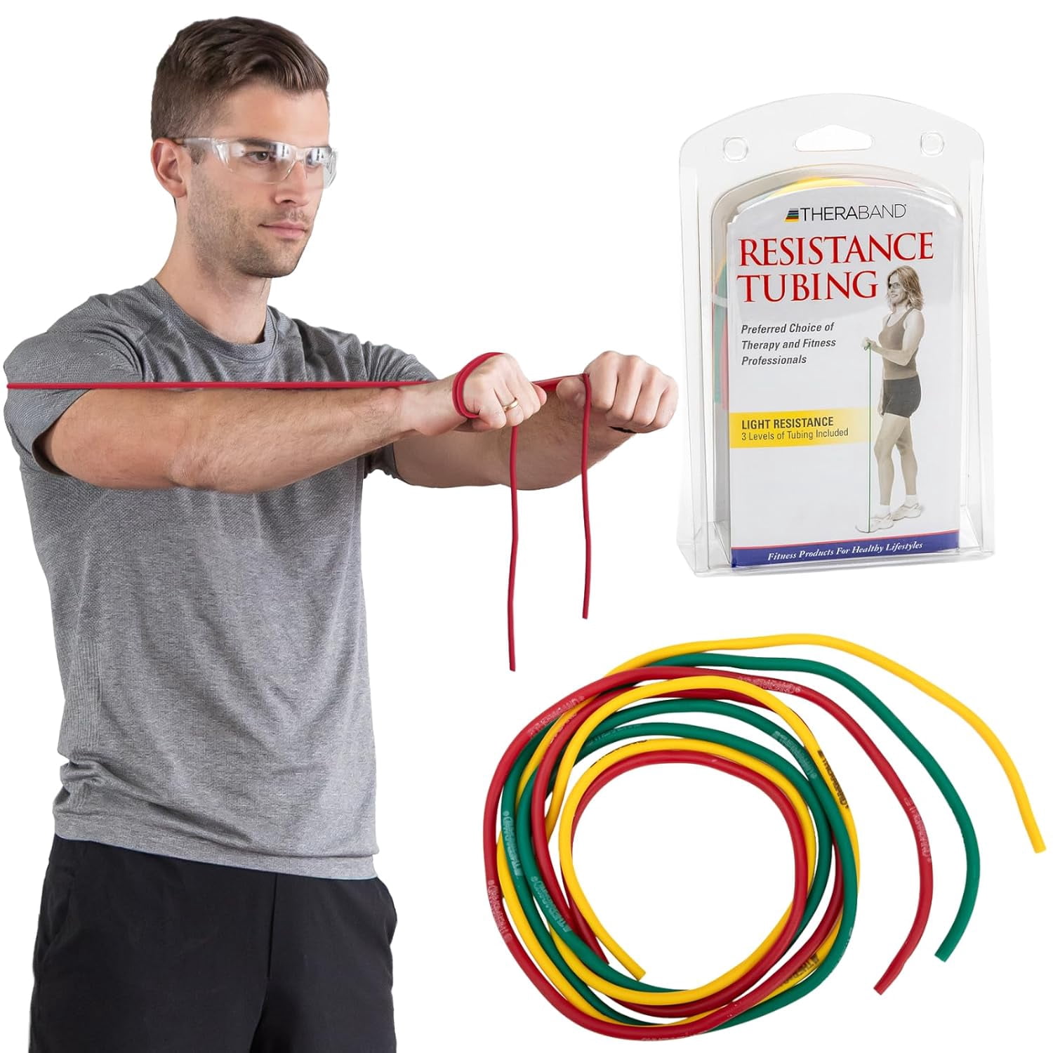 THERABAND Resistance Tubes, Beginner Set, Yellow, Red, and Green, 5 ft ...