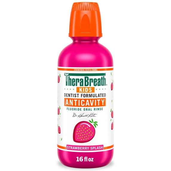 TheraBreath Kids Anticavity Fluoride Oral Rinse, Strengthens Teeth & Enamel, Alcohol
Free & Dye Free, Certified Organic Flavor, Strawberry Splash, 16 Fl Oz