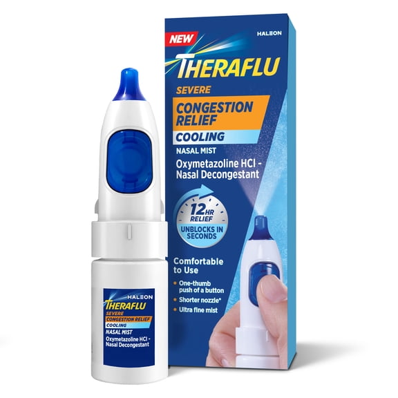 Theraflu Severe Congestion Relief Nasal Mist + Cooling, Oxymetazoline Hci 0.05% Nasal Decongestant, 12 Hour Relief, Ultra-Fine Mist, 0.34 Fl Oz