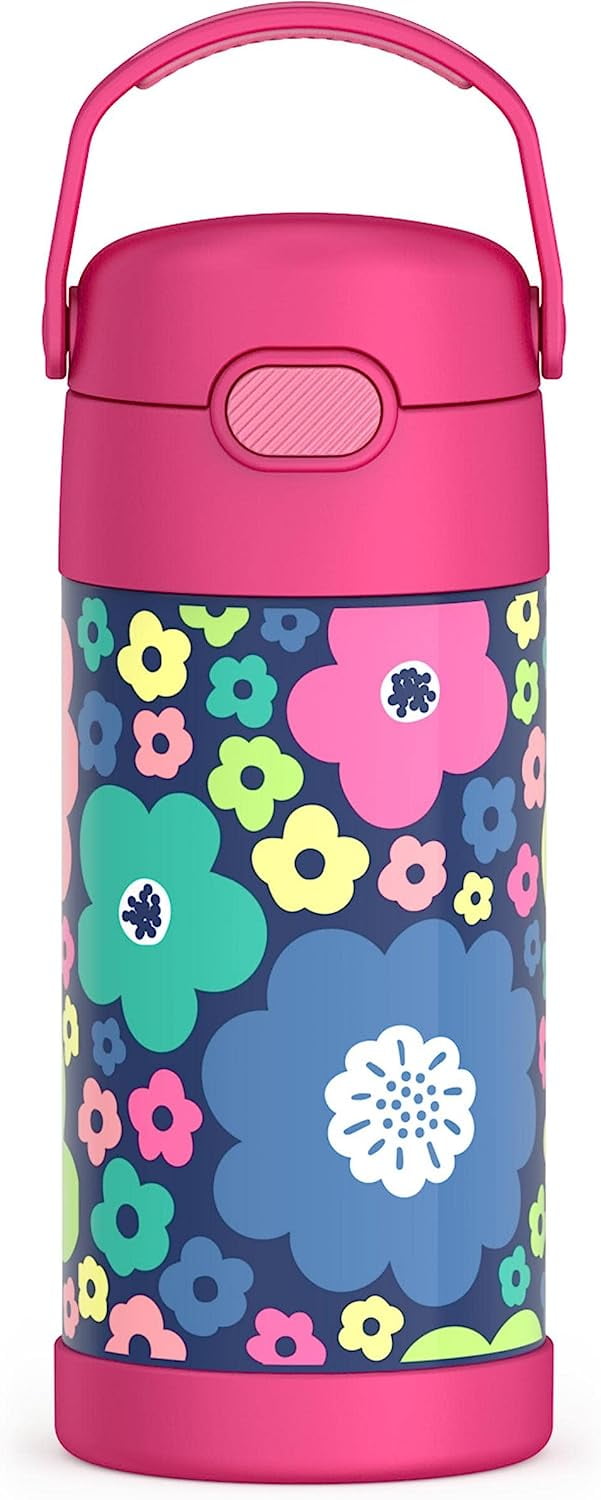THERMOS FUNTAINER 12 Ounce Stainless Steel Vacuum Insulated Kids Straw Bottle, Mod Flowers