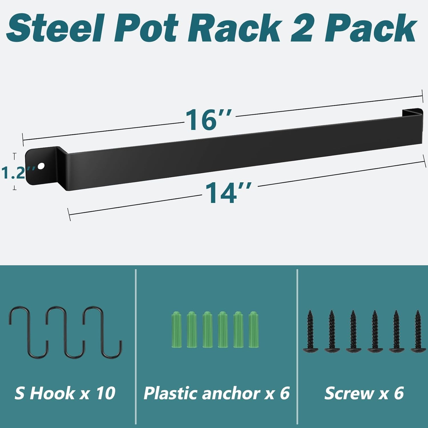 Black Steel Kitchen Utensil Rack - Wall-Mounted Pot Pan Organizer With 10 S-Hooks-497398