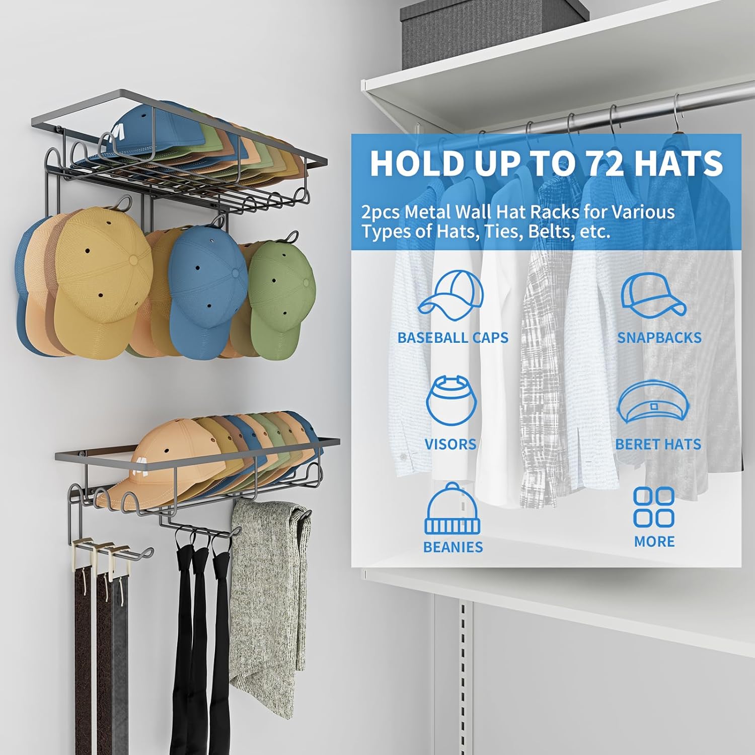THESG-2 Packs Wall Hat Organizers with Multiple Hooks, Metal Hat Racks ...