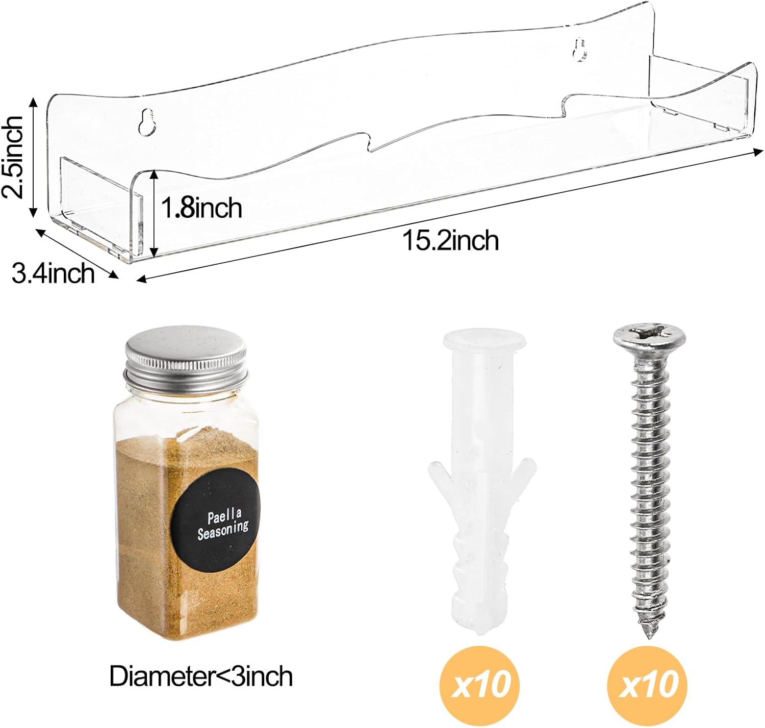 THESG-4 Pack Acrylic Spice Rack Wall Mount, 15 Inch Clear Acrylic ...