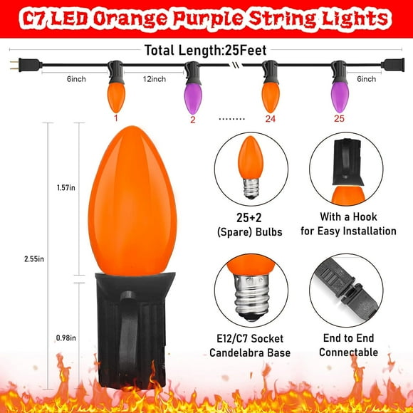 THESG-C7 LED Halloween String Lights Outdoor, 25FT Orange Purple String Lights with 27 Shatterproof Plastic LED Bulbs(2 Spare) for Patio Balcony Backyard Decor, Black Wire