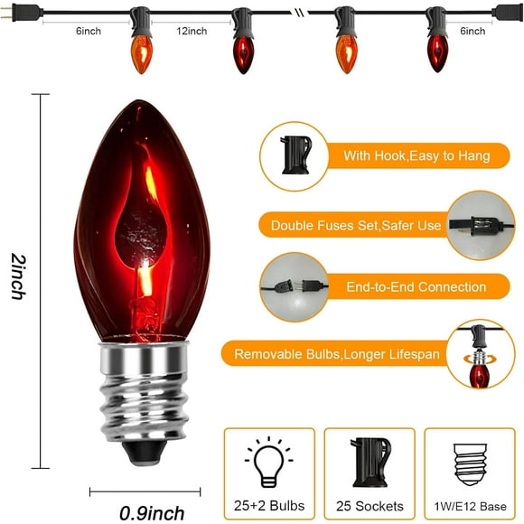 THESG-C7 Purple and Orange Halloween String Lights, 25FT Outdoor String Lights with 27 Flickering Flame Light Bulbs(2 Spare), Decorative Light String for Garden Porch Gazebo Bistro, E12 Base Socket