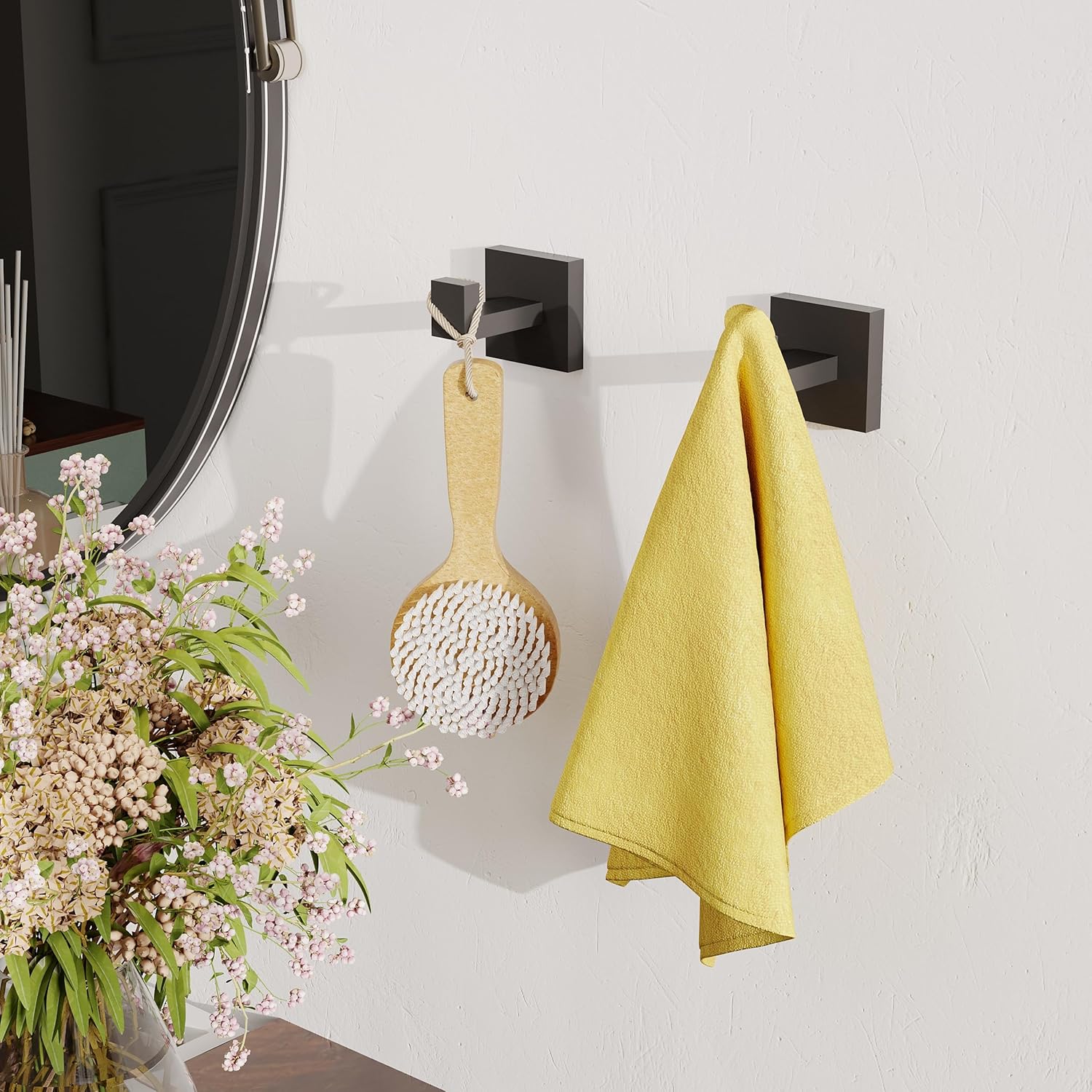 Ruacq Double Towel Hook - Matte Black, Square Base, Stainless Steel Wall Mounted Hanger For Bathroom