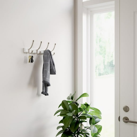 THESG-FRANKLIN BRASS Modern Angled Pilltop Wall Mounted Pure White 16 in. Coat Rack, 4 Nickel Hooks, B48586K-PMN-C