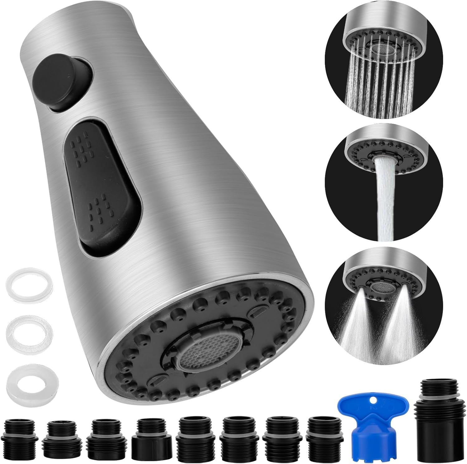 TIORIY Pull Down Kitchen Faucet Spray Head Replacement - 3 Function Sprayer With 15 Adapters, Brushed Nickel