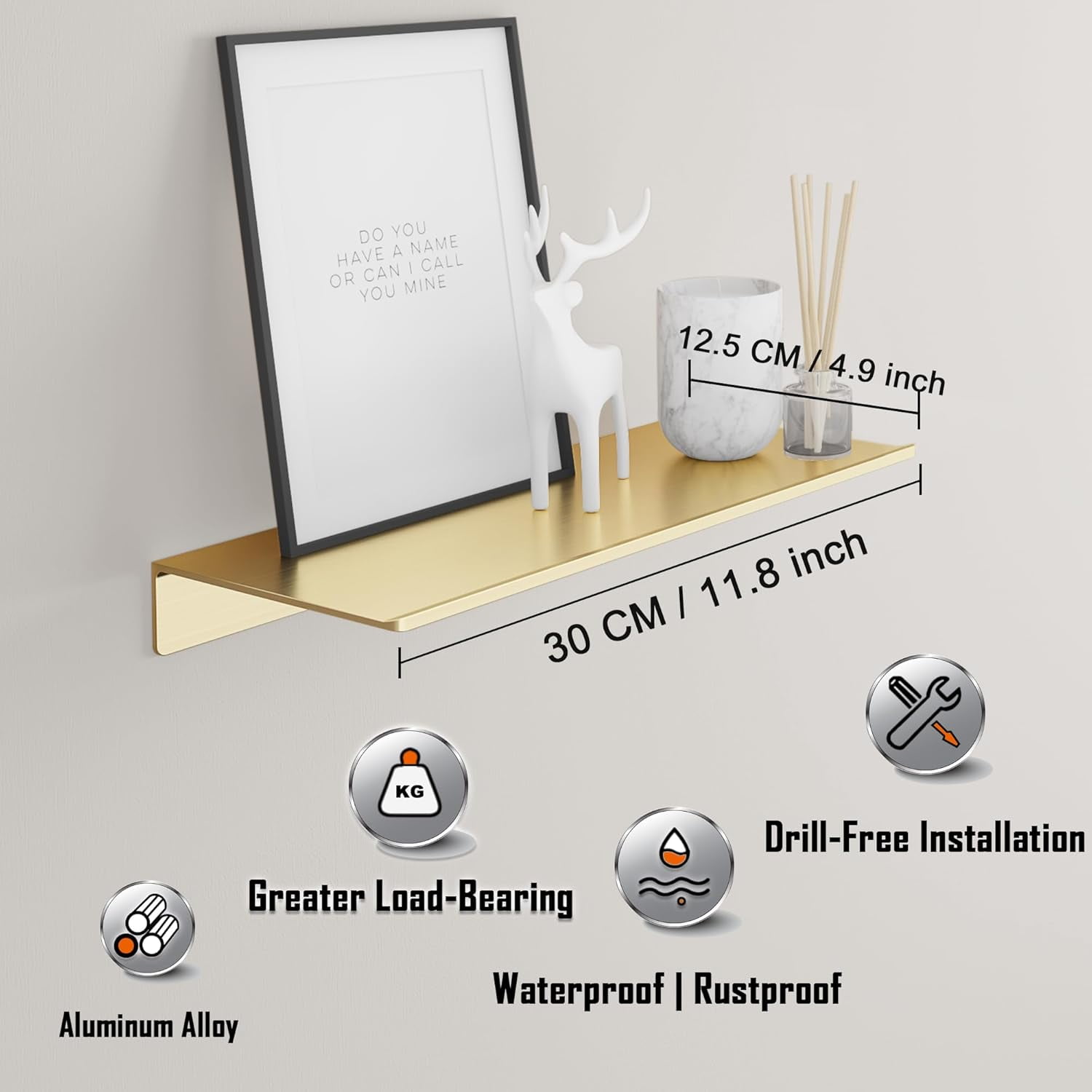 THESG-Metal Wall Shelves Set of 2, Brushed Gold Floating Shelf, 30CM ...