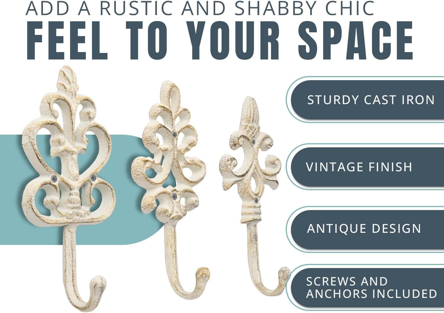 THESG-Shabby Chic Decorative Wall Hooks - Set of 3 - Cast Iron French ...
