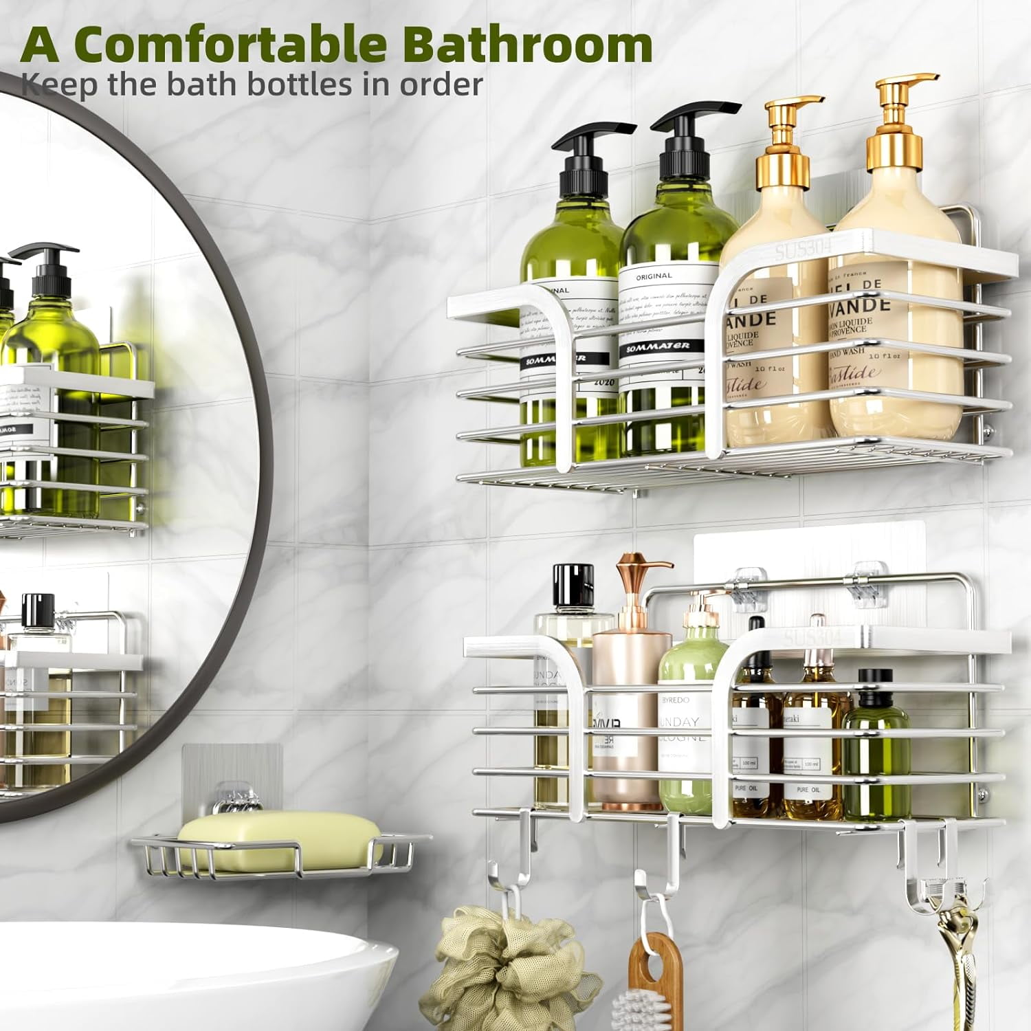 THESG-Shower Caddy Shower Shelf with Soap Dish and 4 Hooks, SUS304 ...