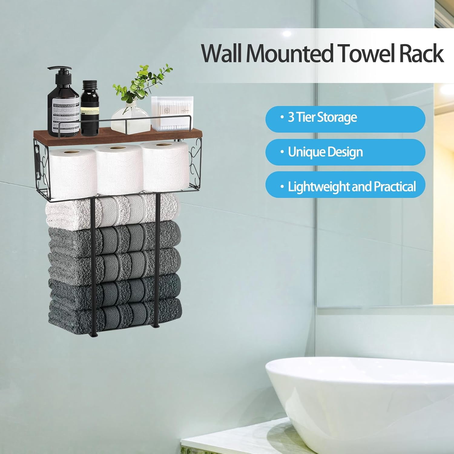 THESG-Towel Racks for Bathroom,Wall Mount Towel Holder with Natural ...