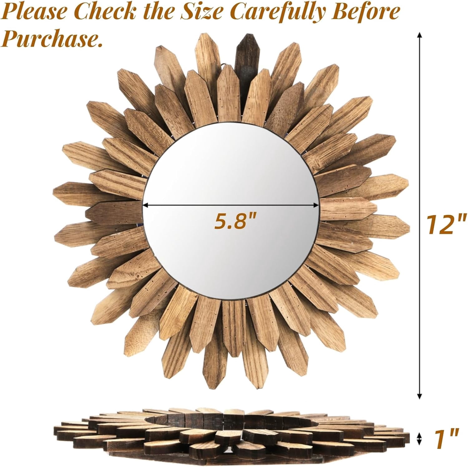 THESG-Wall Mirror Decorative, 12 inch Rustic Wood Boho Mirror, Clear ...