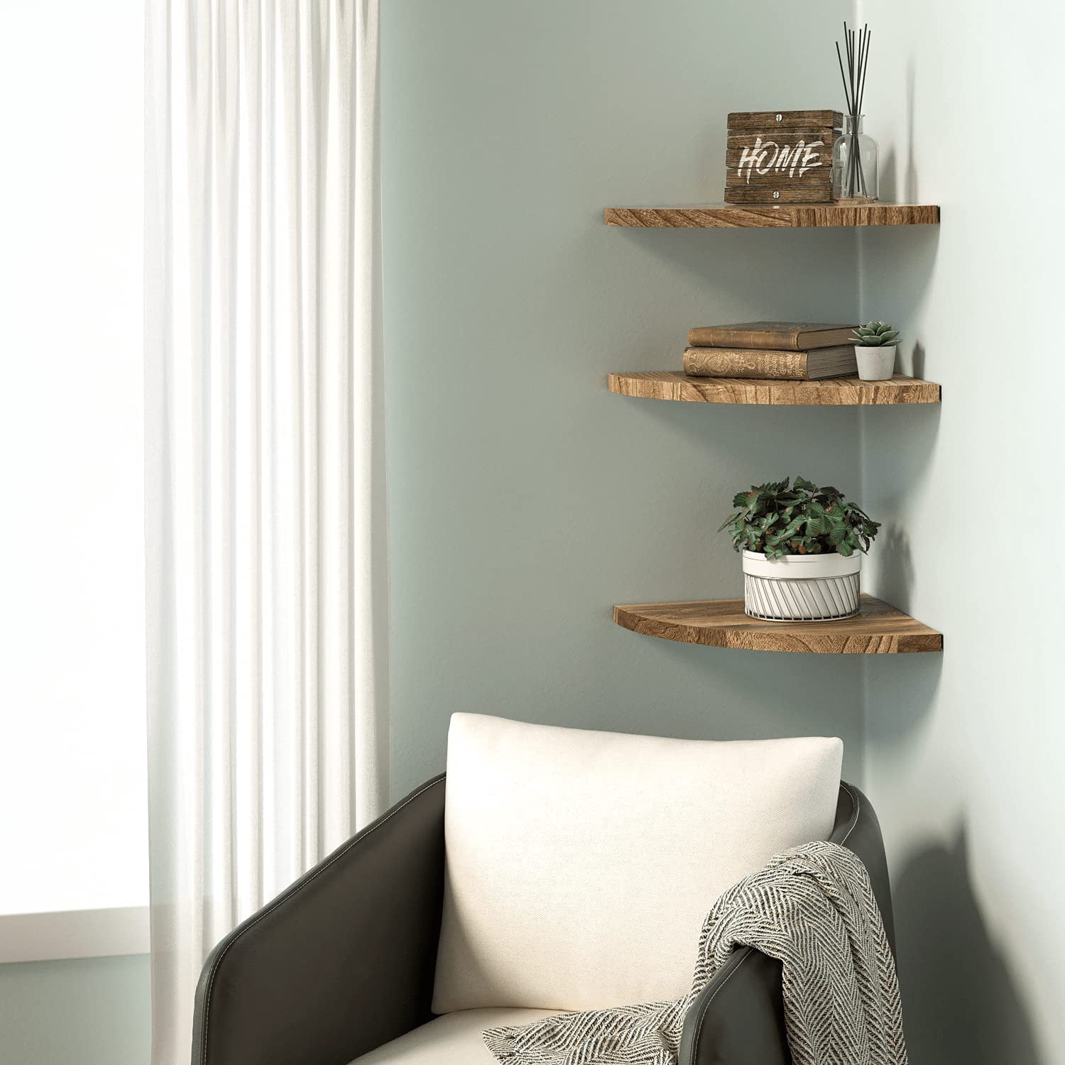 One Side Rounded Shelf THESG-Wall Mounted Rustic Wood Round Edge Corner Shelf Storage Rack ...