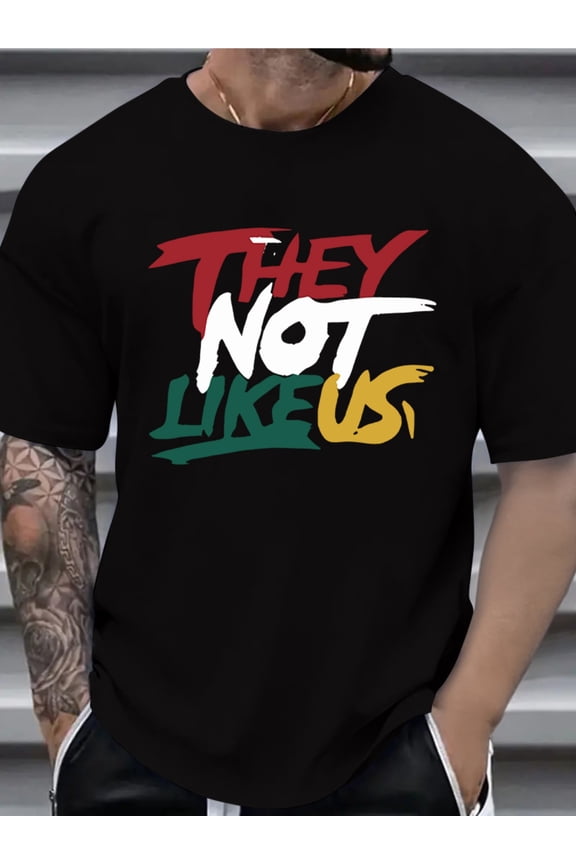 "THEY NOT LIKE US" T-Shirt - Casual, Loose, Polyester, Dark Grey Crew Neck T-Shirt with Colored Stripes, Large, Plus Size