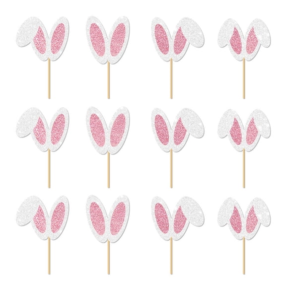 THHEIC 12Pcs Easter Bunny Ear Cupcake Toppers, Glitter Rabbit Ears Cupcake Pick Decorations, Easter Day Cake Toppers for Spring Birthday Baby Shower Party Supplies