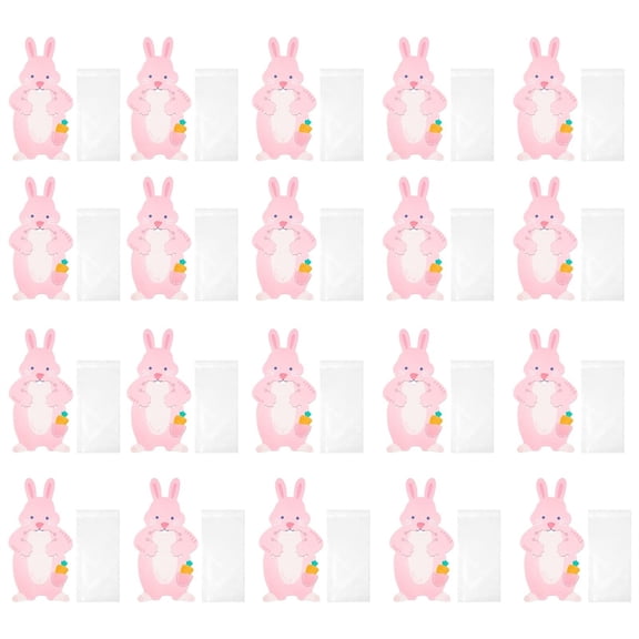 THHEIC 20 pcs Easter Bunny Candy Bags, Spring Cellophane Bags Cookie Treat Candy Bags, Pink Bunny Greeting Cards for Easter Party Birthday Wedding Favor Supplies Decor