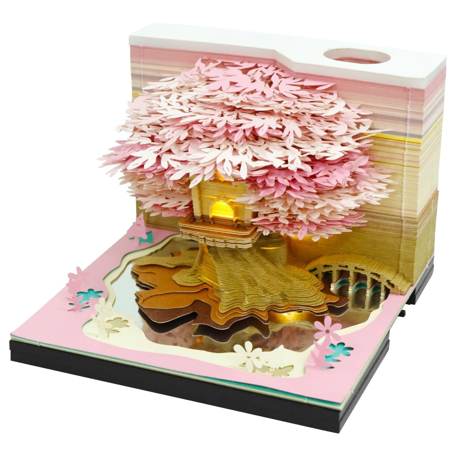 THHEIC 2026 3D Desk Calendar with Tear-Away Paper Art and LED Lights, Creative Memo Pad and Carving Art Display, a Unique DIY Gift Idea