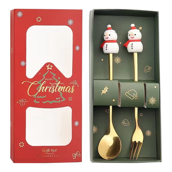 THHEIC 2Pcs Christmas Spoons Forks Set Creative Christmas Tree Santa Star Stainless Steel Spoons for Dinner Tableware Dessert Tea Soup Coffee Stirring Spoons Cake Fruit Forks 