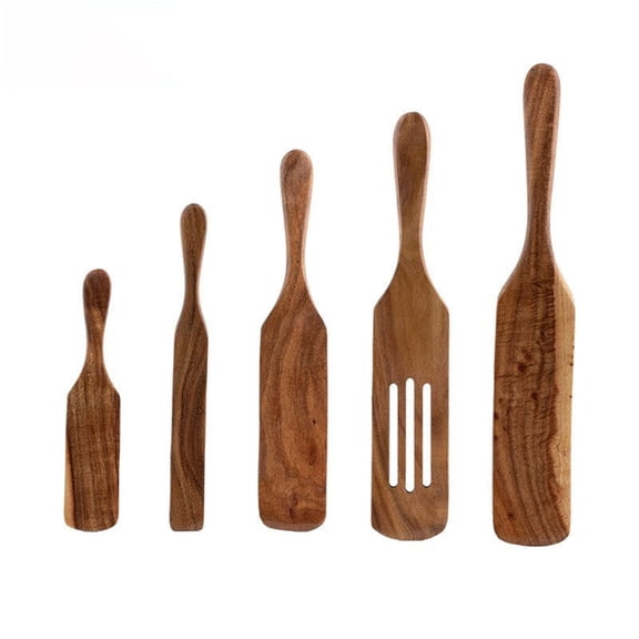 THHEIC 5 Pcs Wooden Spurtles Set for Cooking, Natural Teak Wood Slotted Spurtles for Stirring, Mixing, Serving, Scraping and Scooping, Heat Resistant