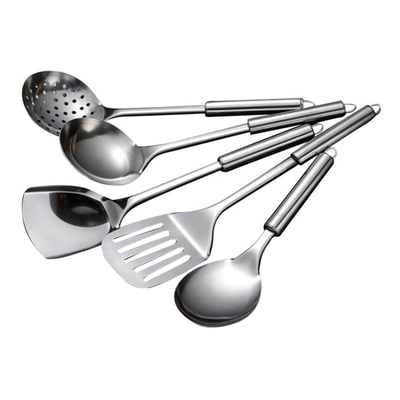 THHEIC 5-Piece Stainless Steel Kitchen Utensil Set, Includes Heat-Resistant Spatula, Turner, Spoon, Scoop, and Whisk with Long Handle and Hanging Ring, Cooking Tools