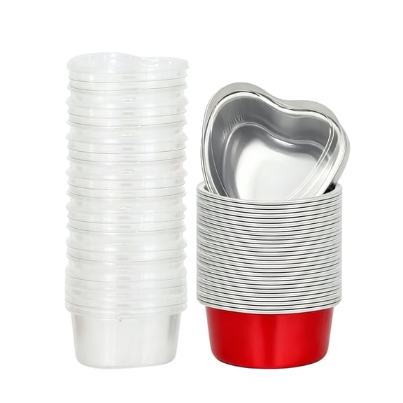 THHEIC 50 Packs Mini Heart Shaped Aluminum Foil Cupcake Cups, Disposable Flan Baking Cups for Valentine, Mother's Day, Wedding, Birthday Desserts