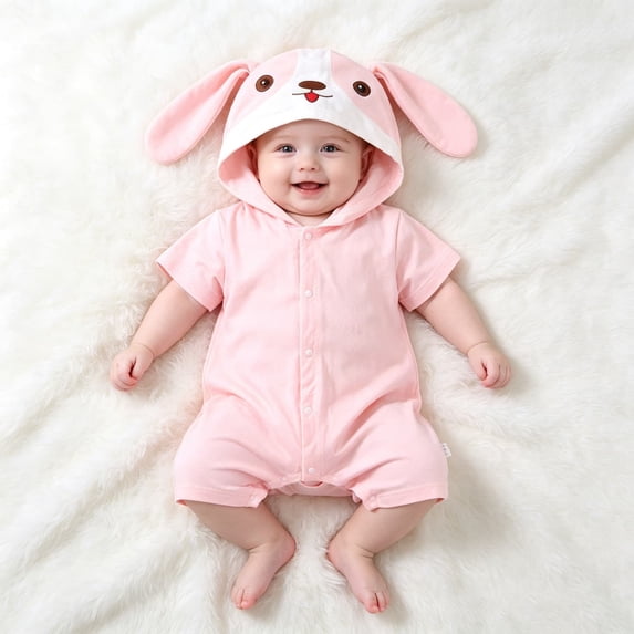 THHEIC Baby Rabbit Short Sleeve Button Front Onesie with Ears, Ear ...
