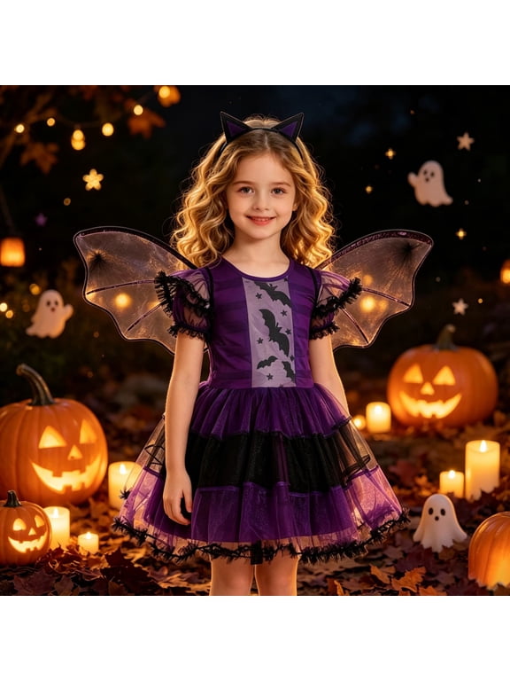 Bat Tutu Dress with Wings and Headband, Layered Tulle Skirt and Bat Print, Adjustable Straps, Layered Tulle Skirt, for Kids