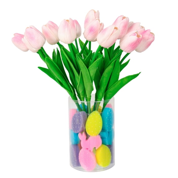 THHEIC Easter Decorations Set, 15 PCS Artificial Tulips with 30 PCS Bunnies Vase Filler, Spring Home Decoration Centerpieces for Tables, No Vase Included, Party Table Decor