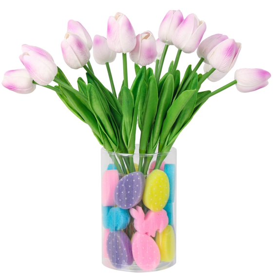 THHEIC Easter Decorations Set, 15 PCS Artificial Tulips with 30 PCS Bunnies Vase Filler, Spring Home Decoration Centerpieces for Tables, No Vase Included, Party Table Decor