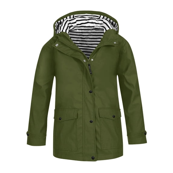 THHEIC Girls Hooded Trench Rain Jacket, Striped Lining Button Front ...